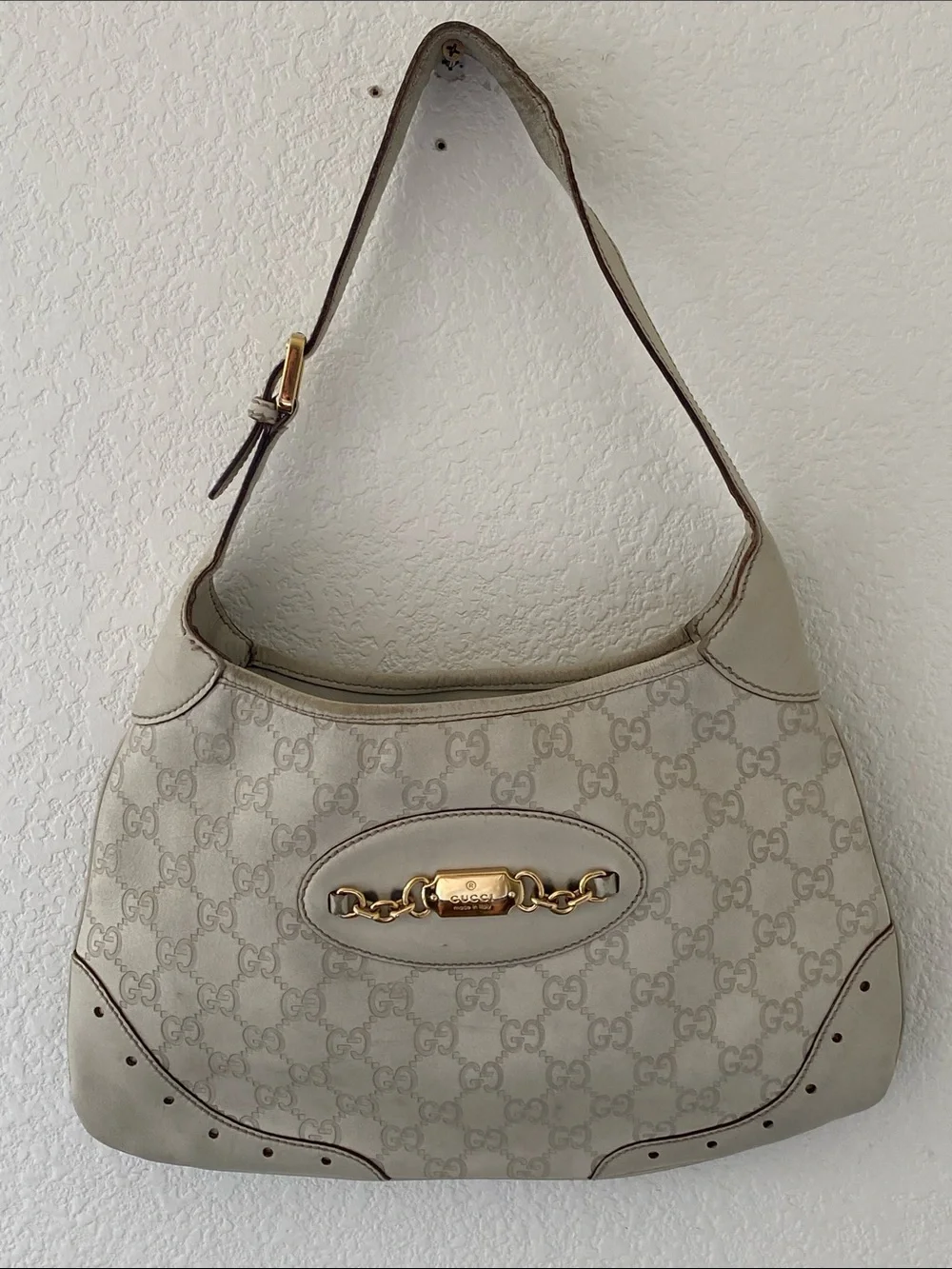 Gucci Beige Monogram Hobo Bag with Gold Hardware